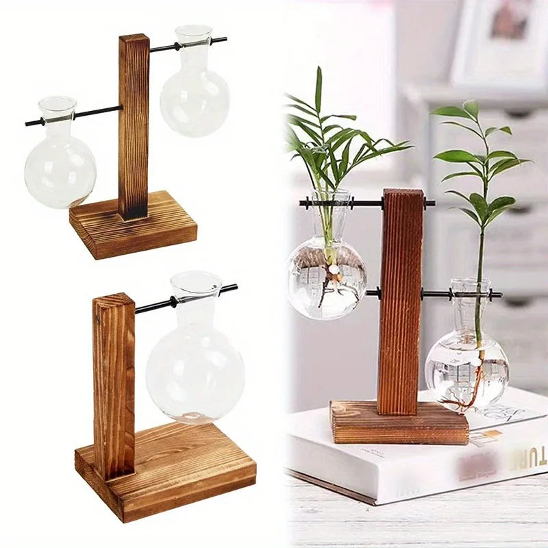 Floreros de Bulbo Hidropónicos con Base de Madera