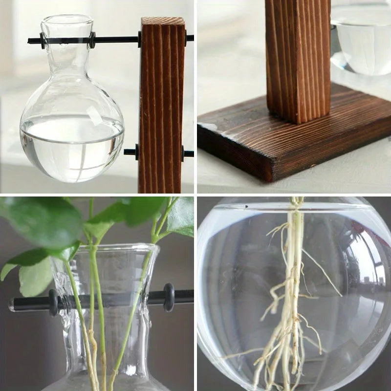 Floreros de Bulbo Hidropónicos con Base de Madera