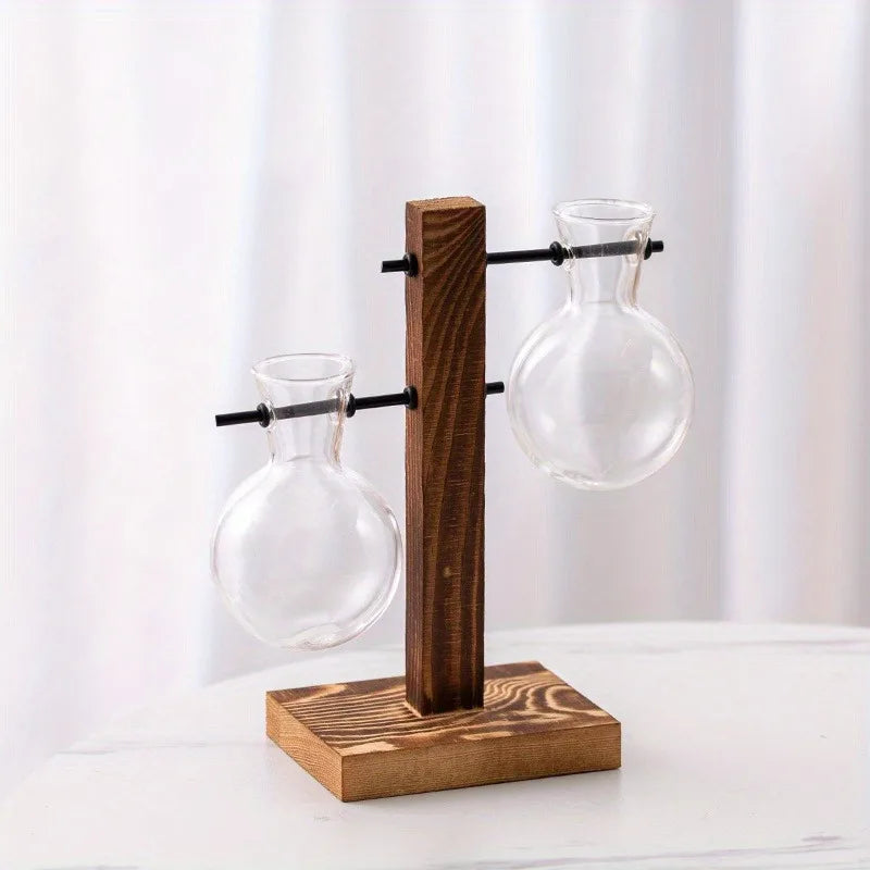 Floreros de Bulbo Hidropónicos con Base de Madera