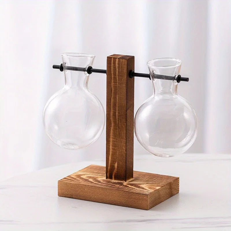 Floreros de Bulbo Hidropónicos con Base de Madera