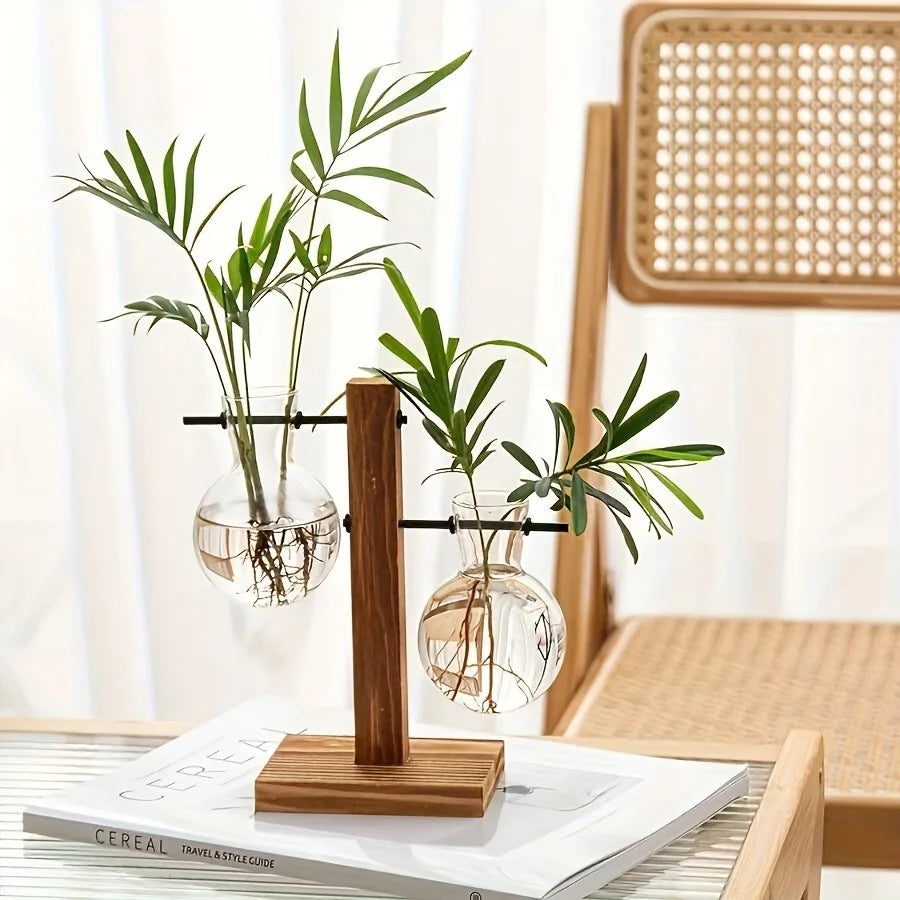 Floreros de Bulbo Hidropónicos con Base de Madera