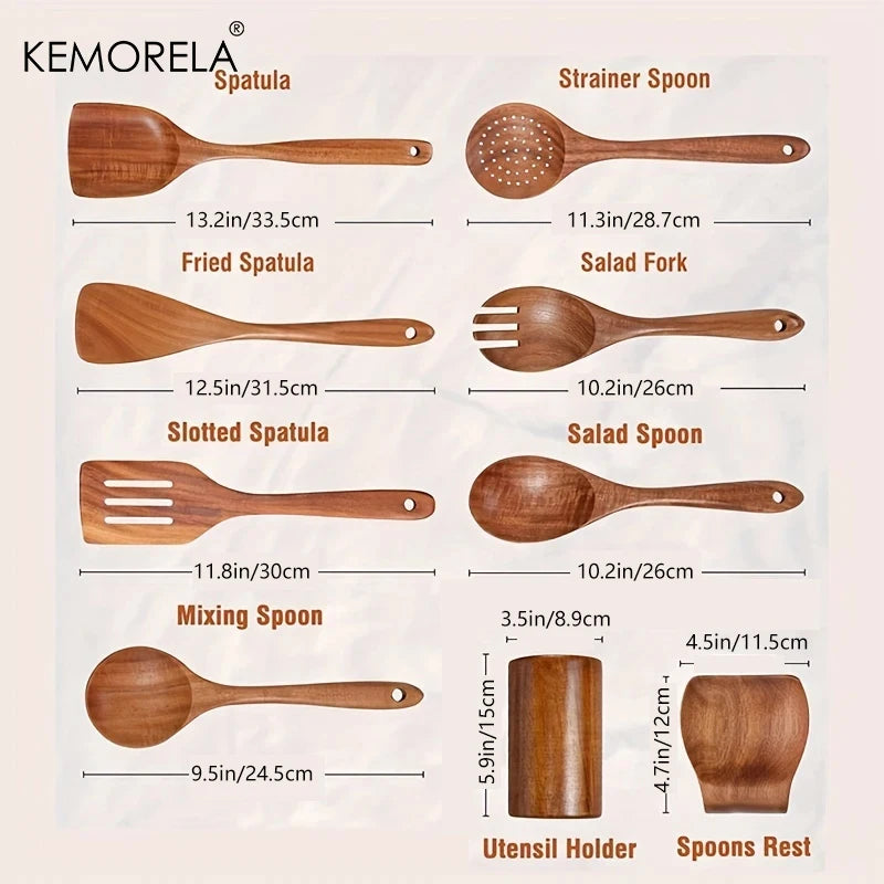 Juego de Utensilios de Cocina de Madera con Soporte