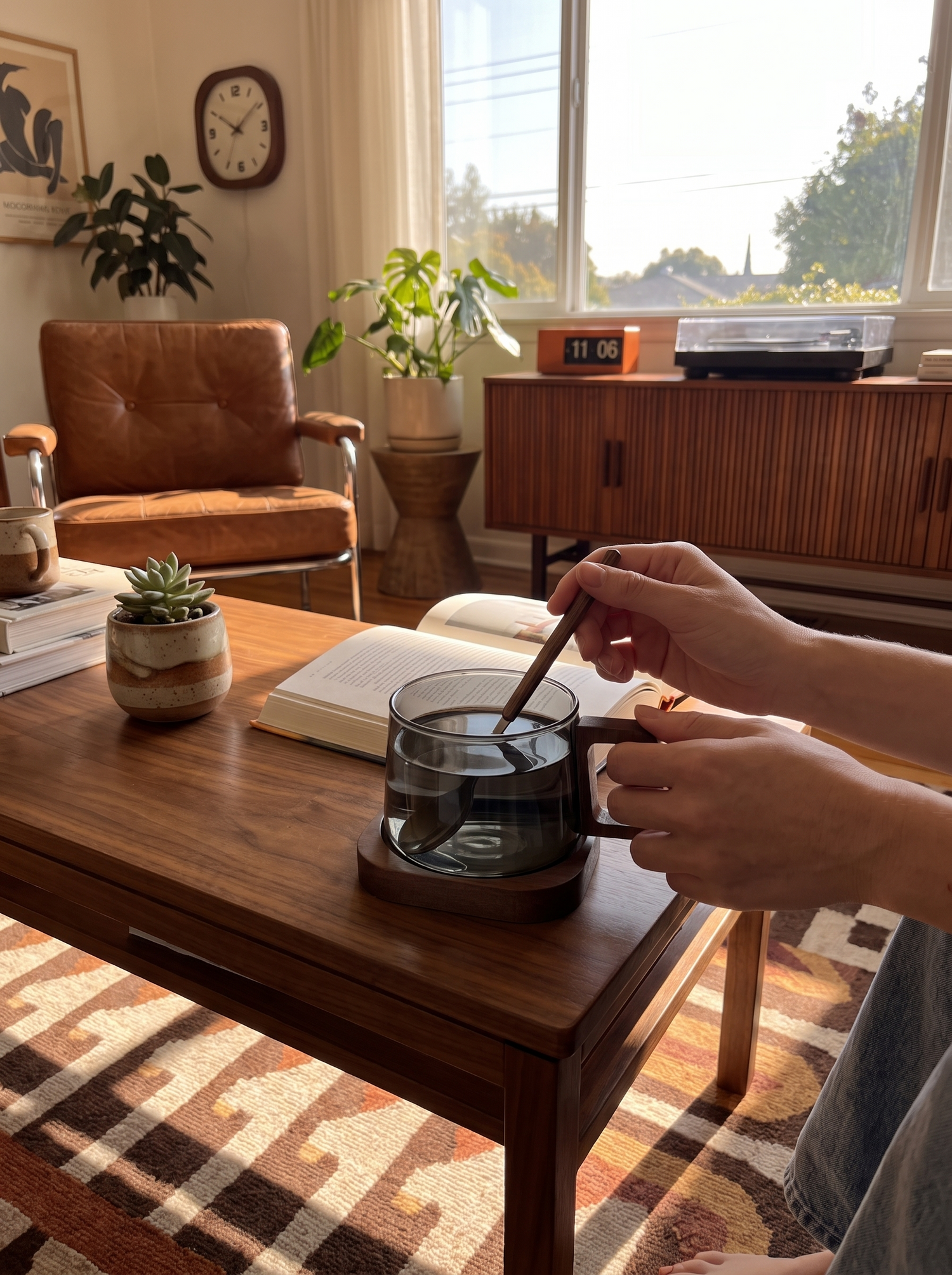 Taza Flat White con Base de Madera: Madera que completa la escena