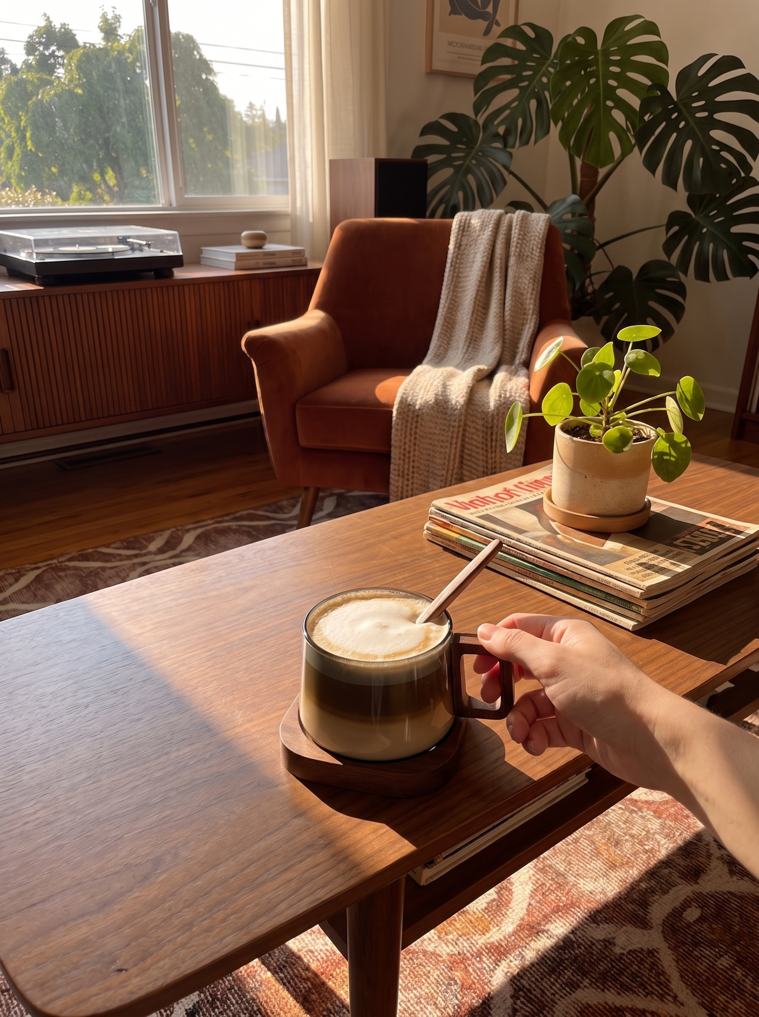 Taza Flat White con Base de Madera: Tu café, en capas visibles