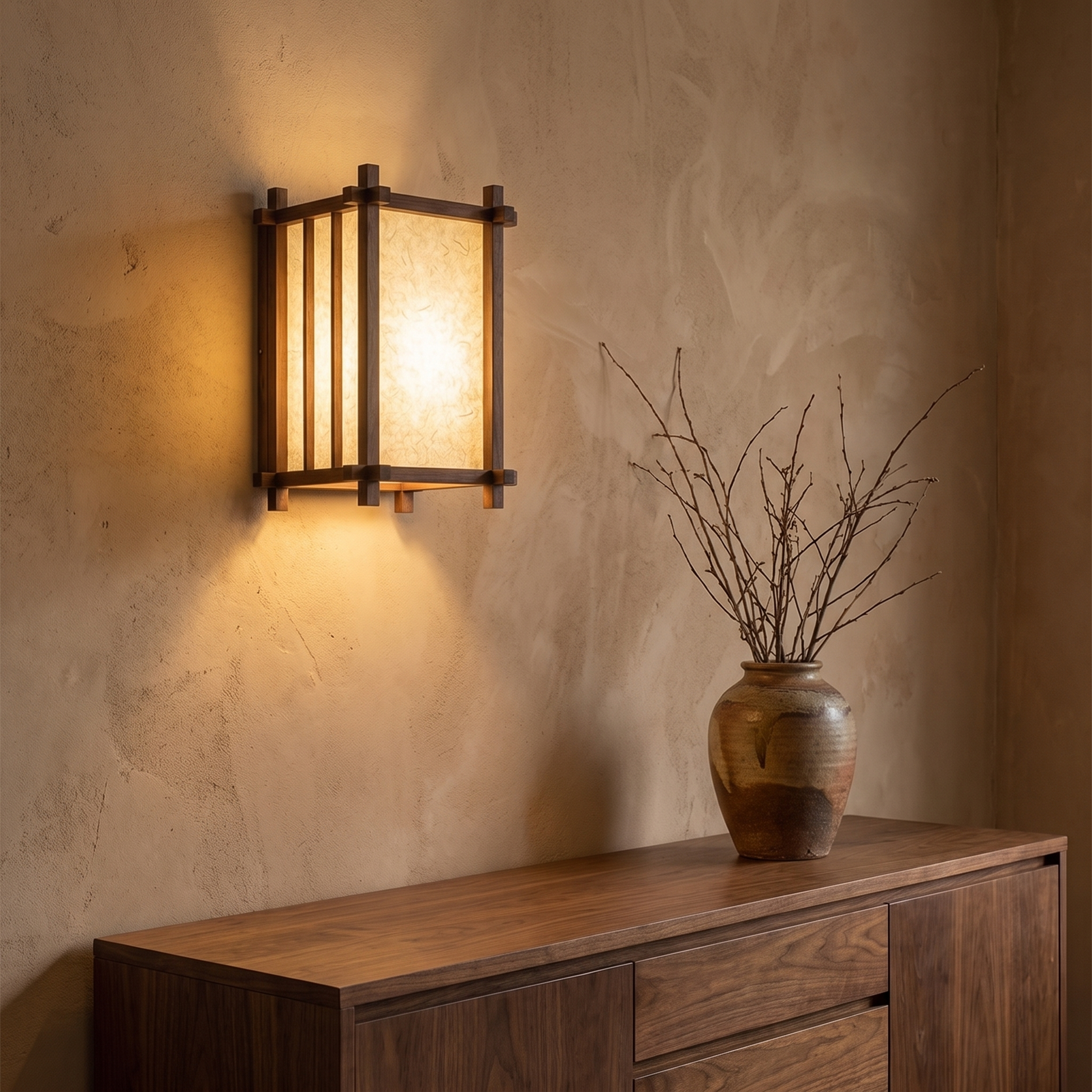 Lámpara de pared japandi encendida