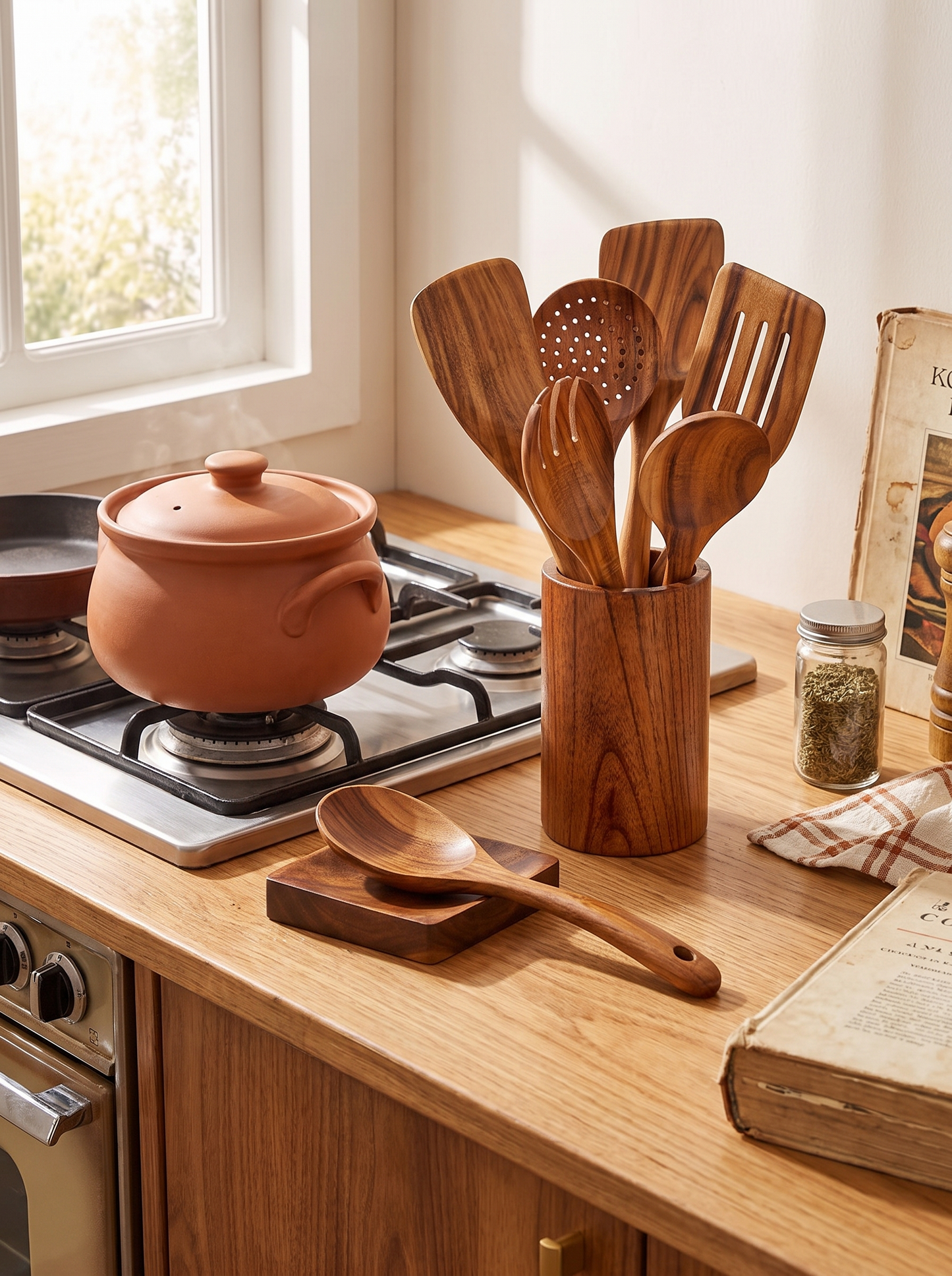 Juego de Utensilios de Cocina de Madera con Soporte Groovela 1